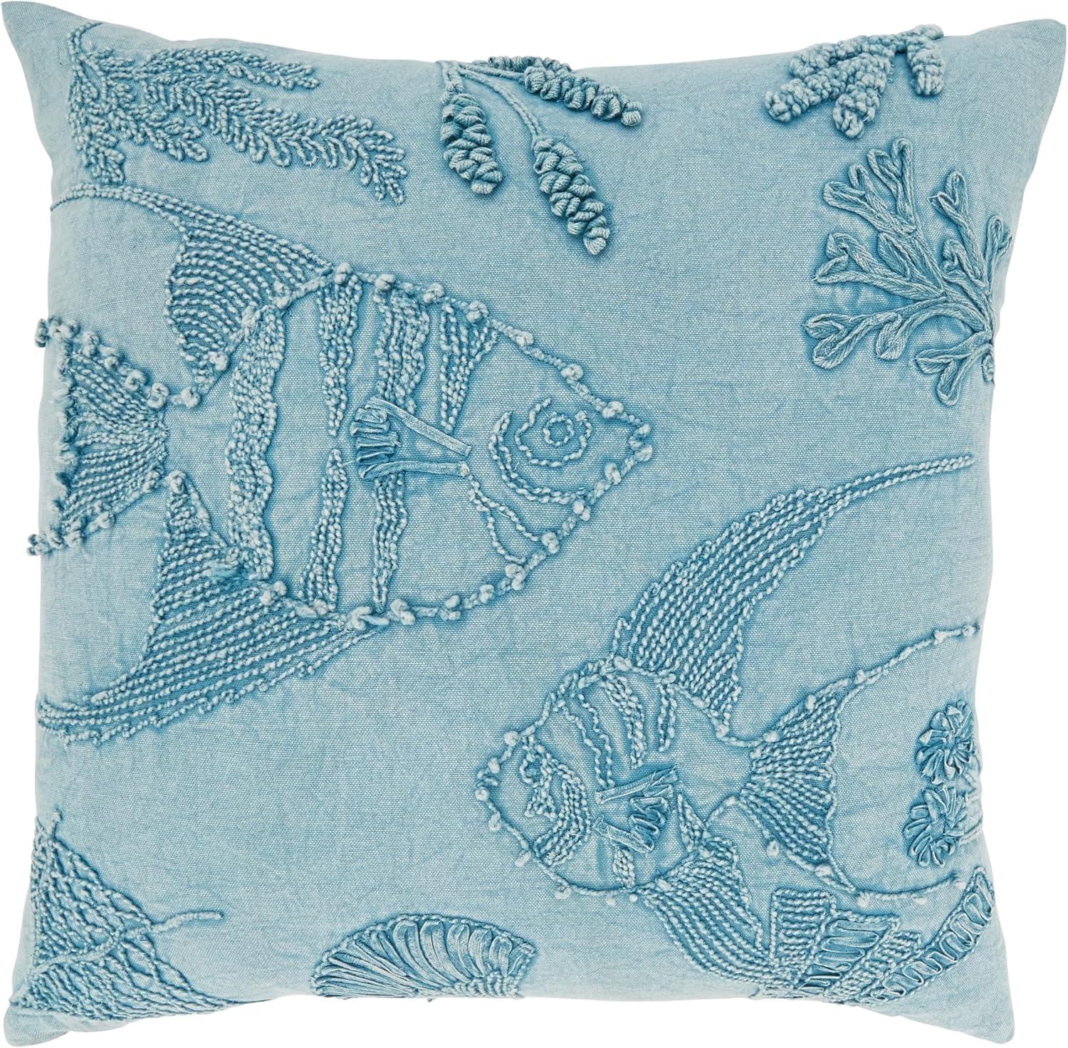 Blue Cotton Embroidered Nautical Fish Throw Pillow, 20"x20"