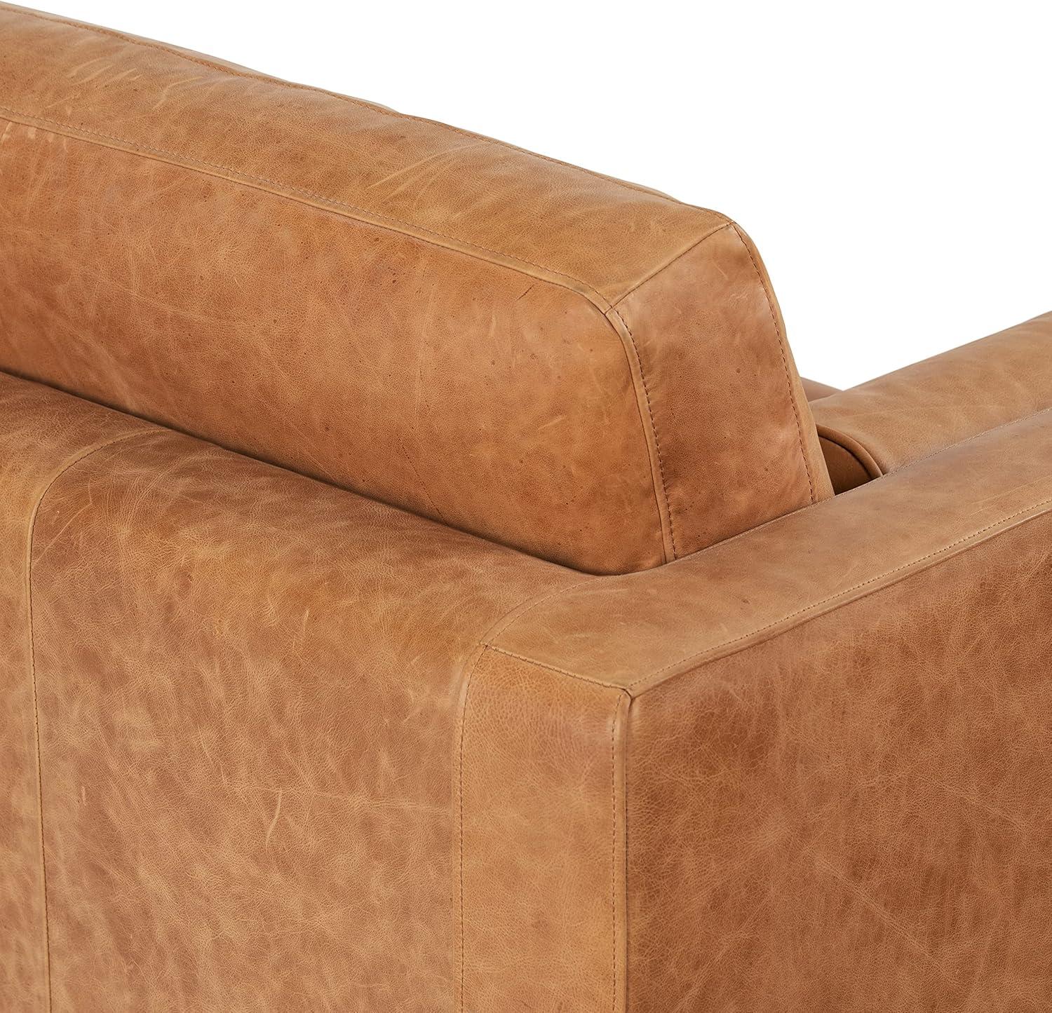 Cognac Tan Leather Tufted Sofa with Solid Wood Legs