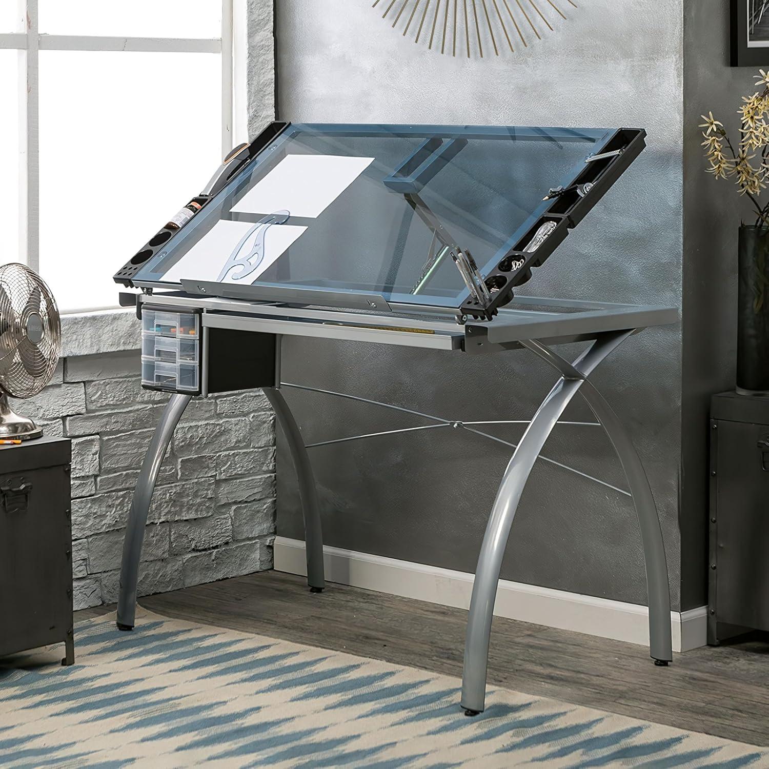 Studio Designs Futura Crafting, Drafting, Drawing Table with Adjustable Top, Silver/Blue Glass- Height 31.50 in.