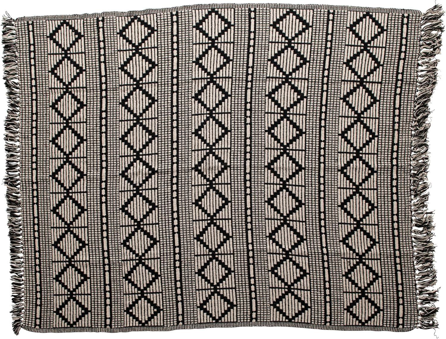 Bloomingville Black & Beige Woven Cotton Blend Blanket with Fringe Throw, Black