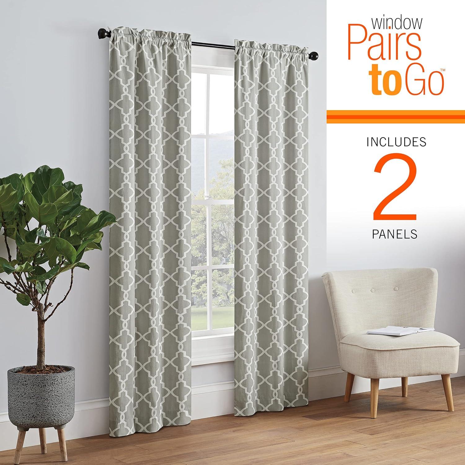 Ellery Homestyles Pairs to Go Vickery Printed Trellis Rod Pocket Window Curtain Panel Pair, 2 Pack Grey 56x84 84 Inches