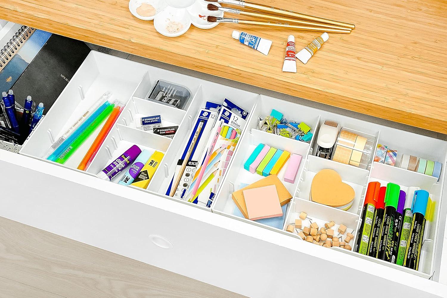 White Adjustable 5-Compartment Drawer Organizer for Office Supplies