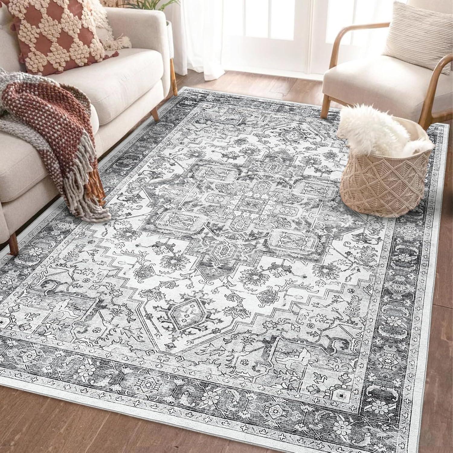 Tzou Washable Area Rug 9x12 for Living Room Retro Boho Chic Medallion Distressed Design Indoor Non-Slip Carpet for Bedroom Office(Grey)