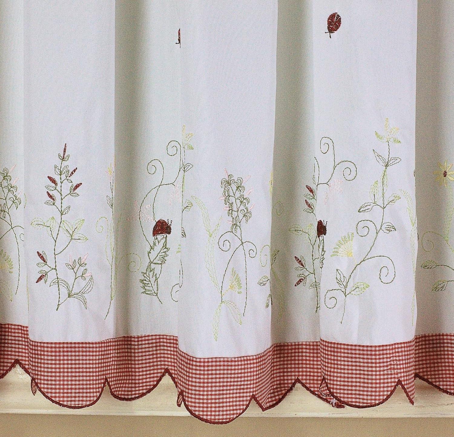 White and Red Floral Ladybug Rod Pocket Valance