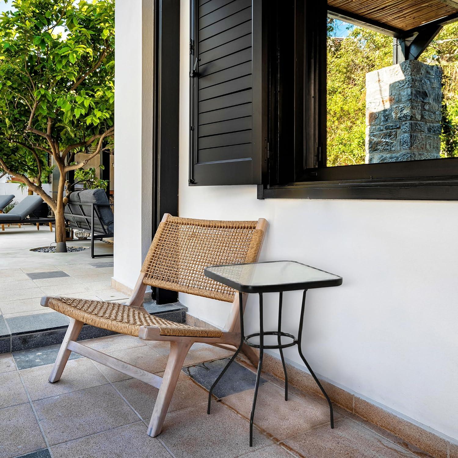 Four Seasons Courtyard Sunny Isles 24 Inch Outdoor Patio Bistro Dining Table Backyard Squared Furniture with Tempered Glass Tabletop, Black