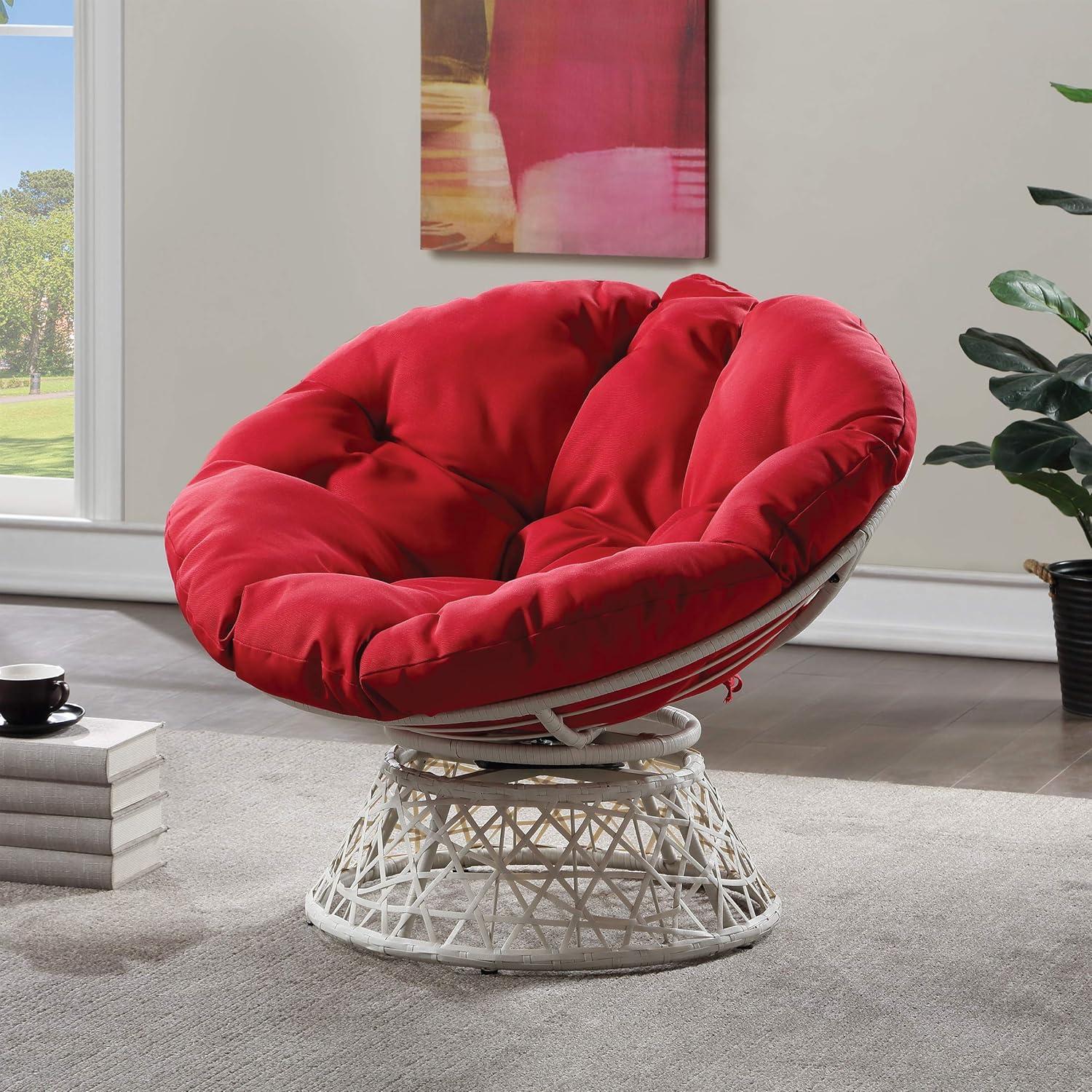 Boho Chic Red Cushion Metal Frame Papasan Swivel Chair