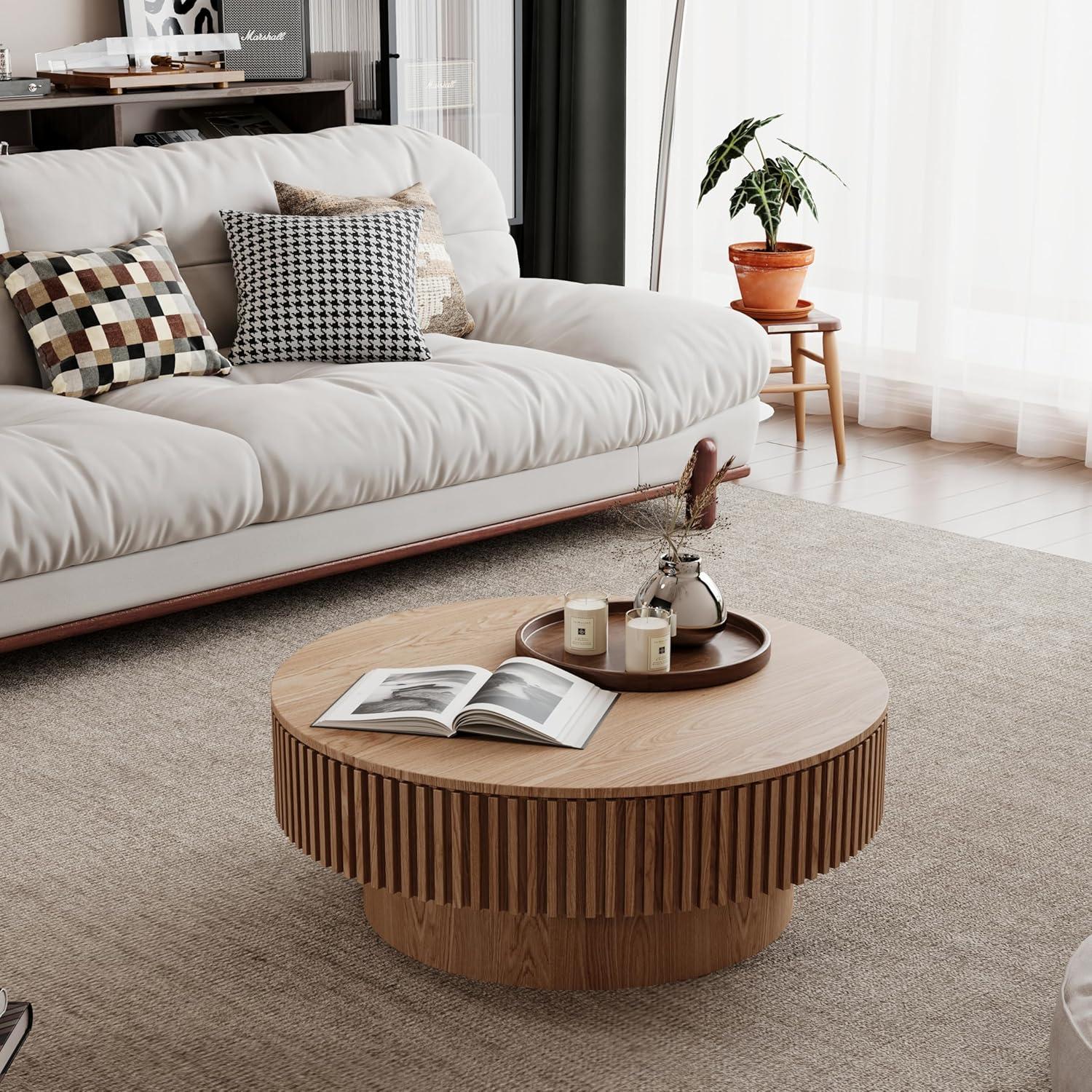 HomVent 31.5'' Round Coffee Table with Storage, Modern Wooden Coffee Table with Solid Wood Veneered, Circle Center Table Accent Tea Table for Living Room, Small Space, Apartment