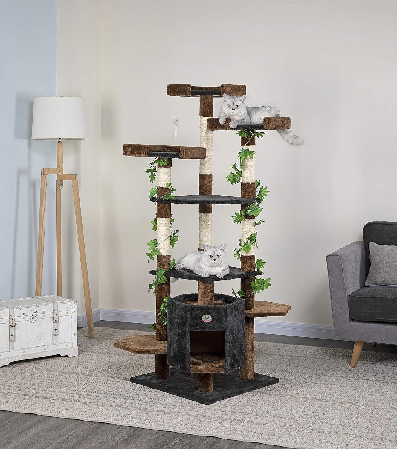 67-Inch Brown and Black Forest Cat Tree with Sisal Rope