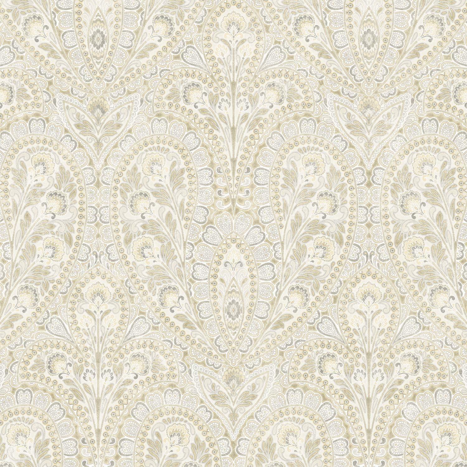 Grey and Cream Ornamental Paisley Pre-pasted Vinyl Wallpaper Roll