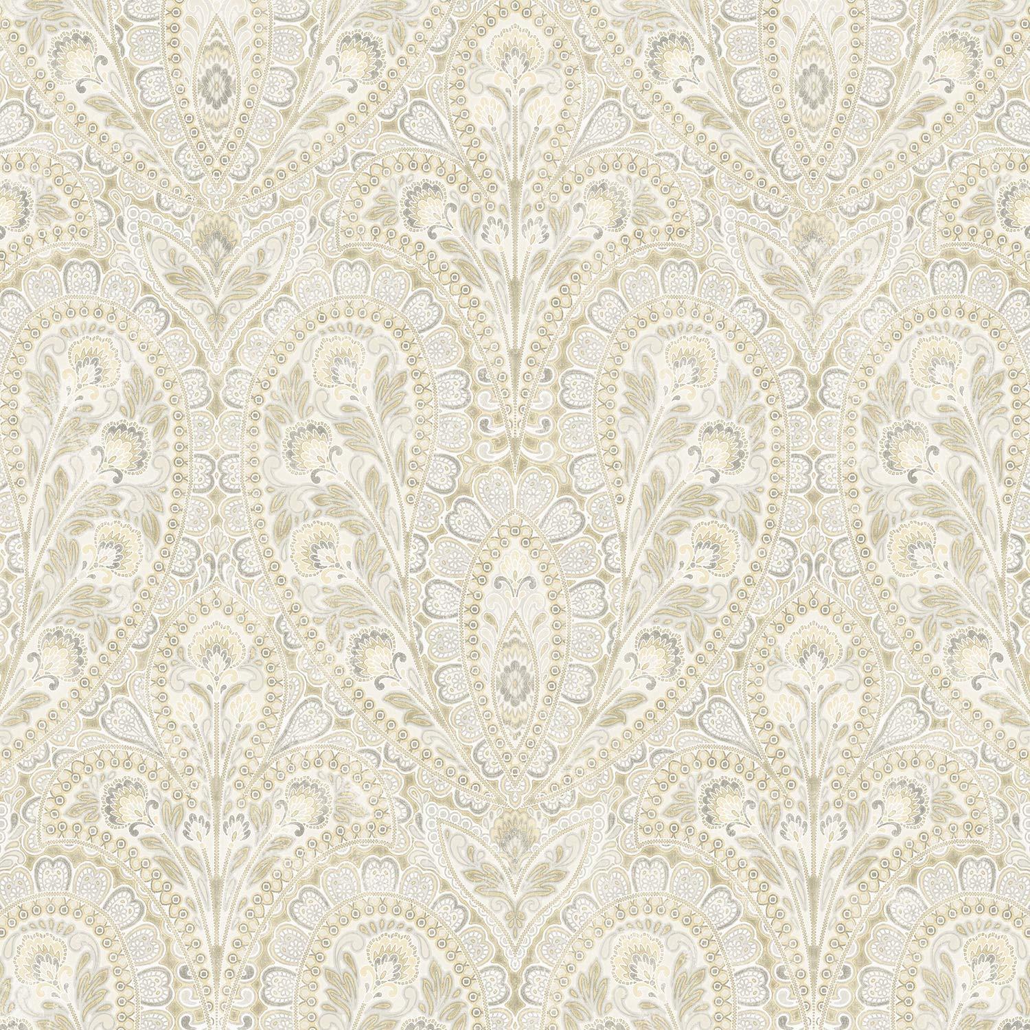 Grey and Cream Ornamental Paisley Pre-pasted Vinyl Wallpaper Roll
