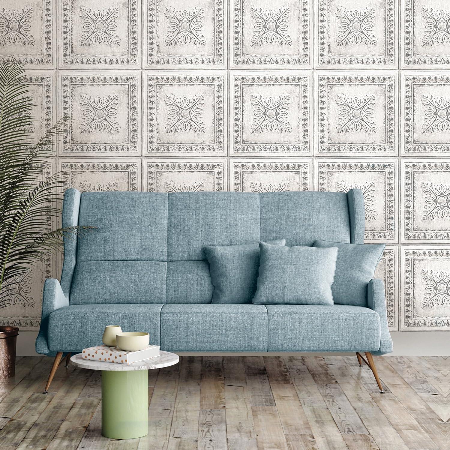 NuWallpaper Reclaimed Tin Peel & Stick Wallpaper: Removable Textured Vinyl, Classic Tile Pattern, Light Gray, 30.75 Sq Ft Coverage