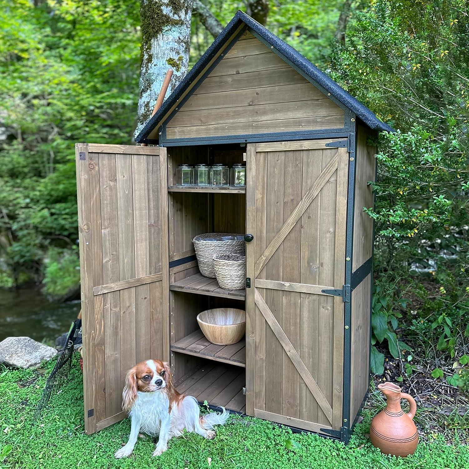 Aivituvin Storage Shed Outdoor with All-Around Strong Metal Frame Wooden Tool Cabinet with Double Doors