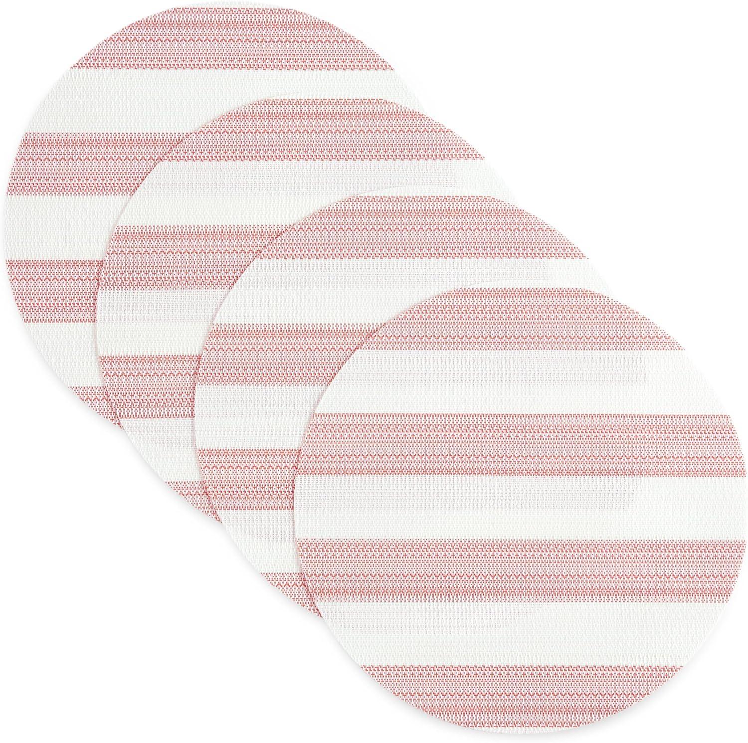 TOWN & COUNTRY BASICS Cabana Stripe Indoor Outdoor Placemats 4-Pack Set, Reversible and Easy Clean, Red/White, 15" Round