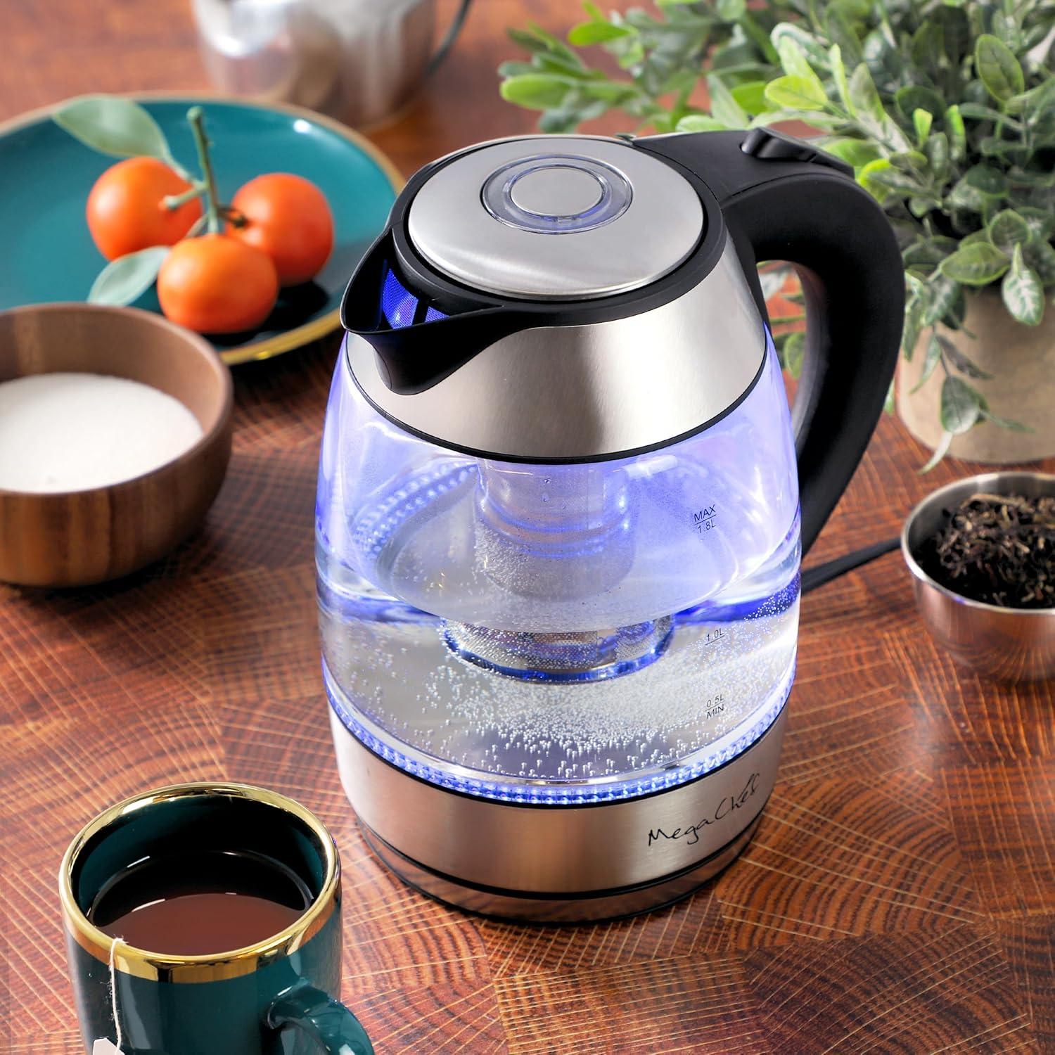 MegaChef 1.8L Glass Body and Stainless Steel Electric Tea Kettle with Tea Infuser Clear/Silver