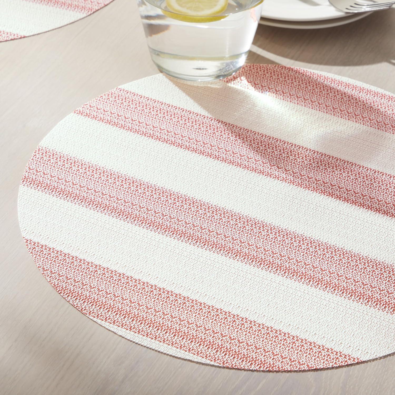 TOWN & COUNTRY BASICS Cabana Stripe Indoor Outdoor Placemats 4-Pack Set, Reversible and Easy Clean, Red/White, 15" Round