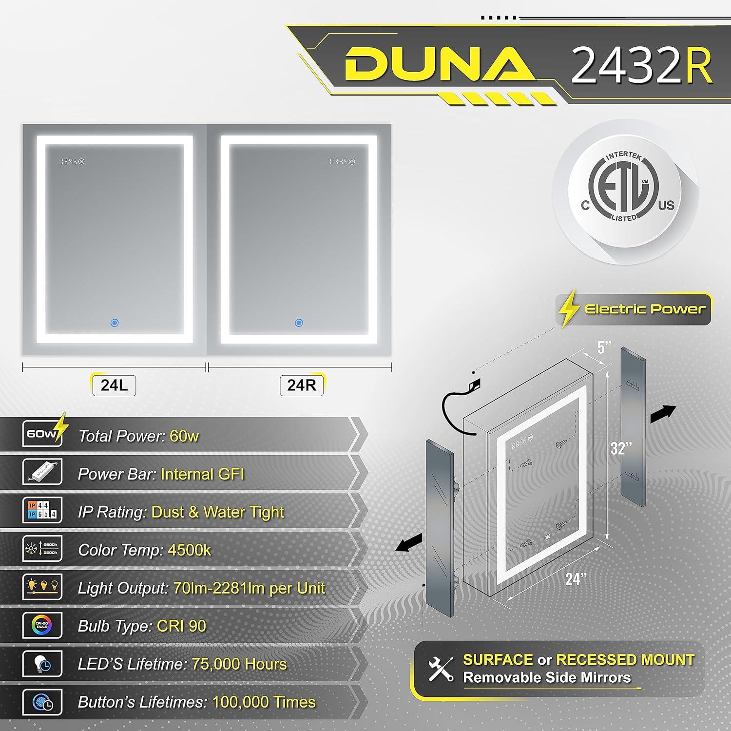 DECADOM LED Mirror Medicine Cabinet Recessed or Surface, Dimmer, Clock, Room Temp Display, Dual Outlets (Duna 24x32 RT)