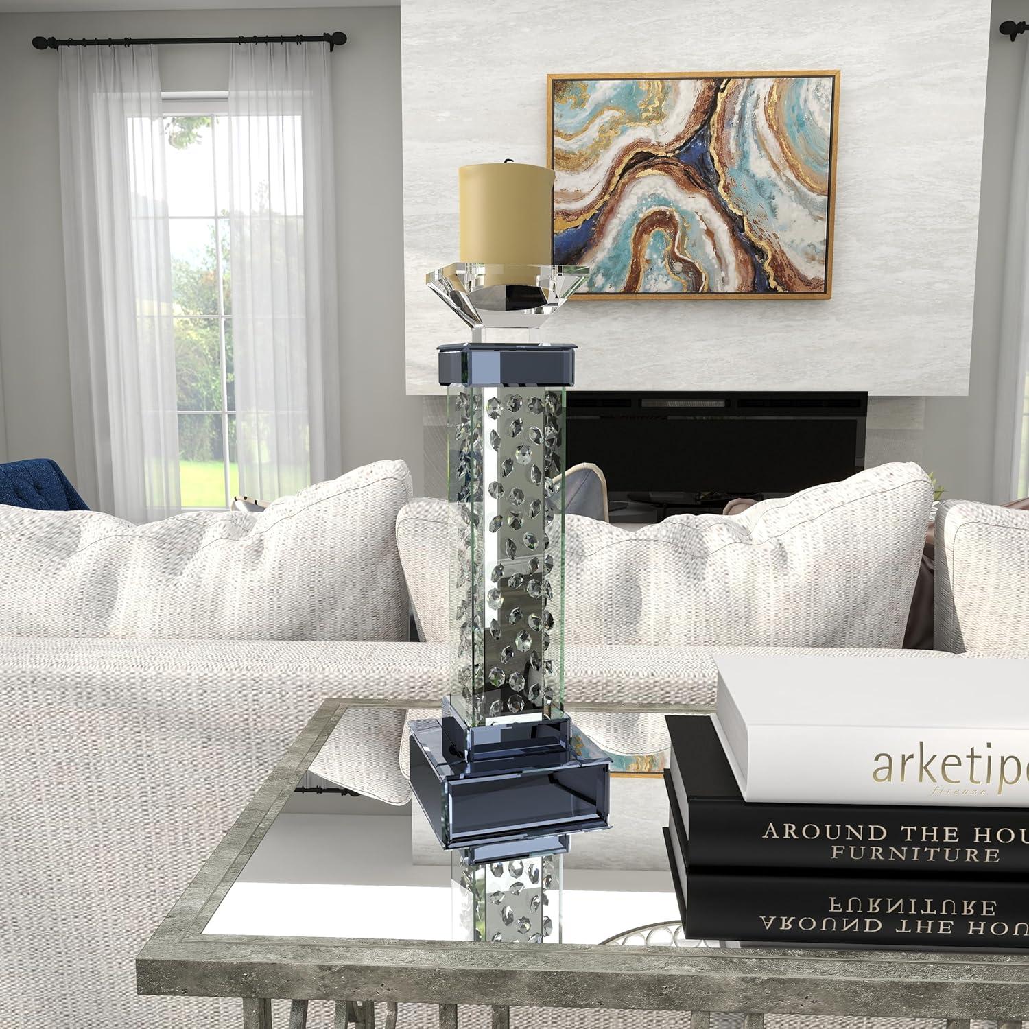 DecMode Silver Glass Pillar Candle Holder with Floating Crystals