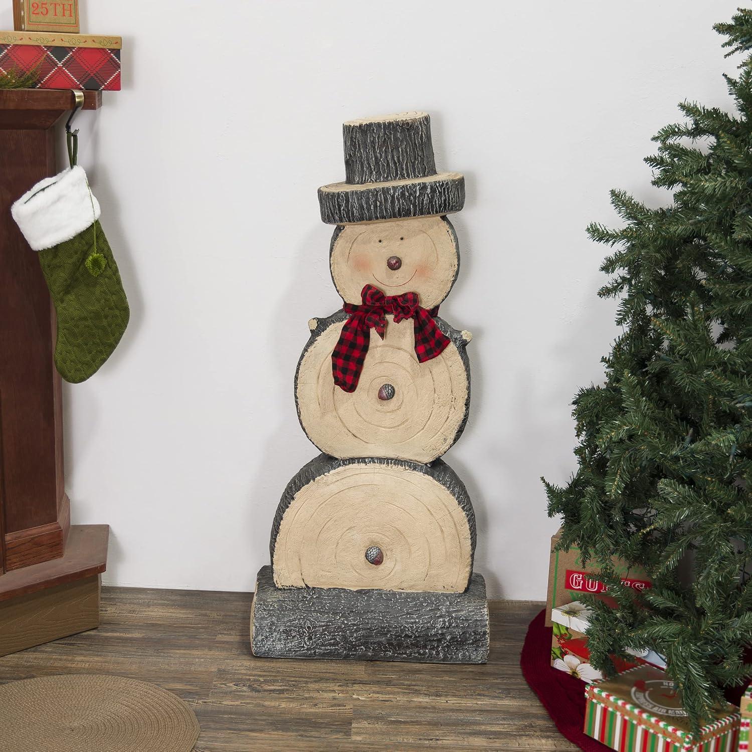Alpine Corporation 16" x 9" x 38" Wooden Snowman Holiday Statue, Brown/Tan