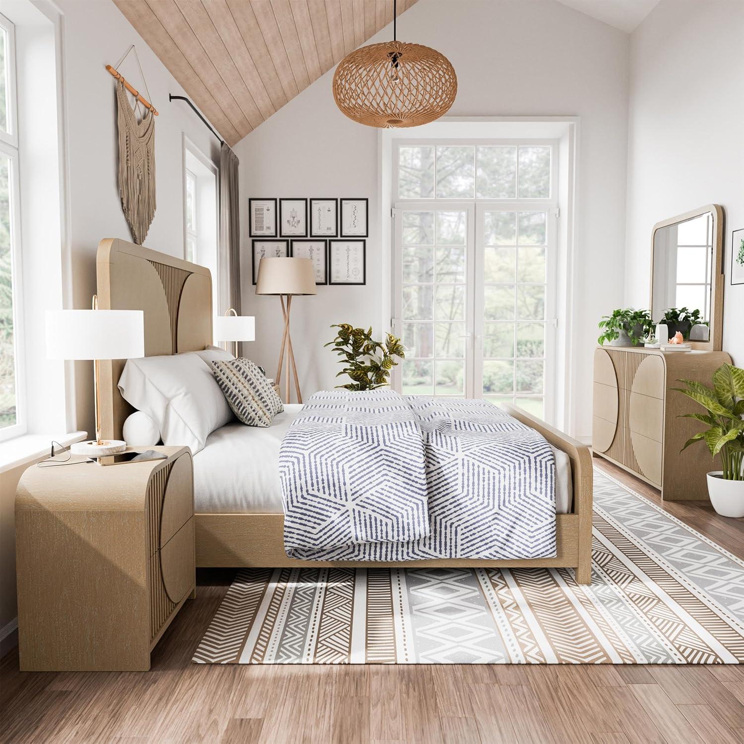 Furniture of America Tissen Modern Solid Wood 5-Piece Queen Bedroom Set with USB Ports, Reeded Panels, Curved Edges and Beveled Mirror, Box Spring Needed, Natural