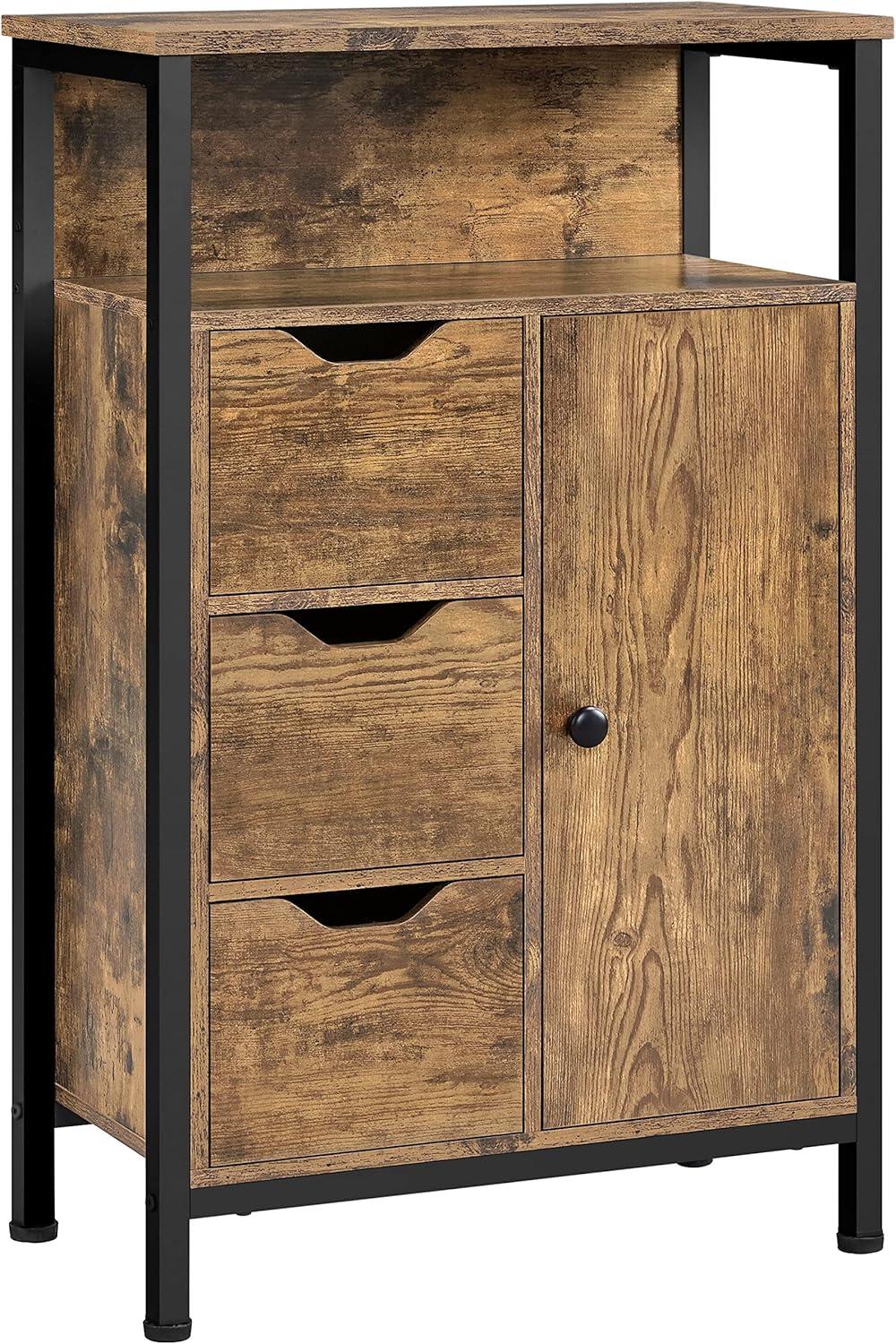 Yaheetech Bathroom Floor Storage Cabinet with Shelves and 3 Drawers Rustic Brown