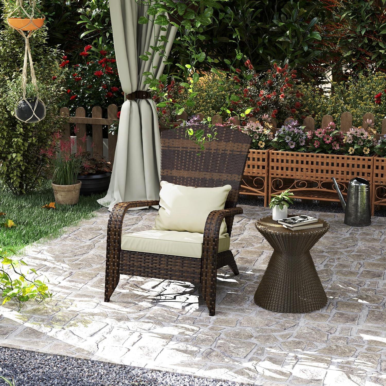 Outsunny Patio Adirondack Chair with All-Weather Rattan Wicker, Soft Cushions, Tall Curved Backrest for Deck or Garden, Light Gray