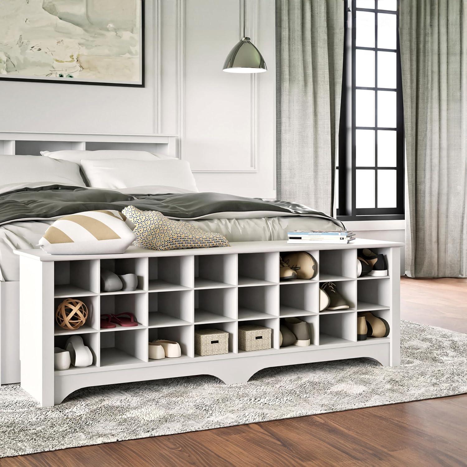 Elegant White Laminated Composite Wood 24-Shoe Cubby Bench