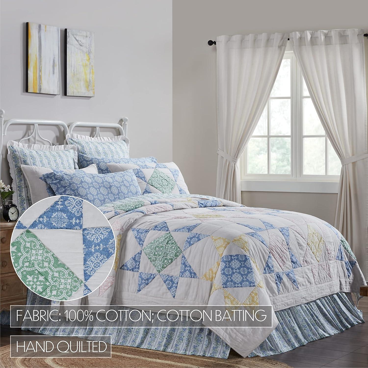VHC Brands Jolie Blue and Green Patchwork Cotton Quilt, Twin - Reversible