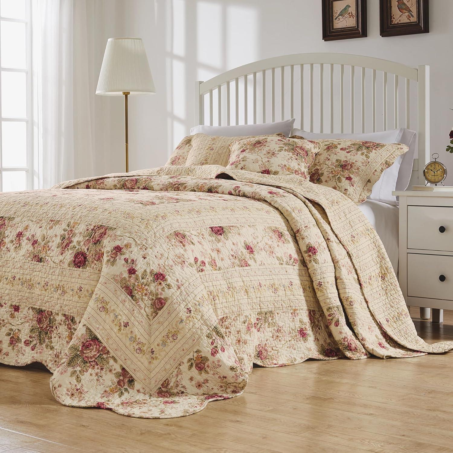 Antique Rose Ecru Cotton Reversible King Bedspread Set