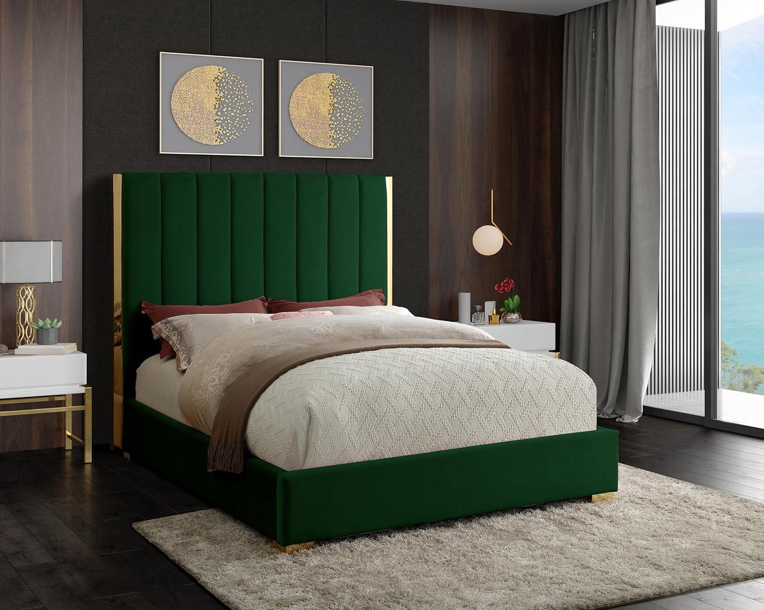 Meridian Furniture Becca Metal and Velvet Queen Bed in Green