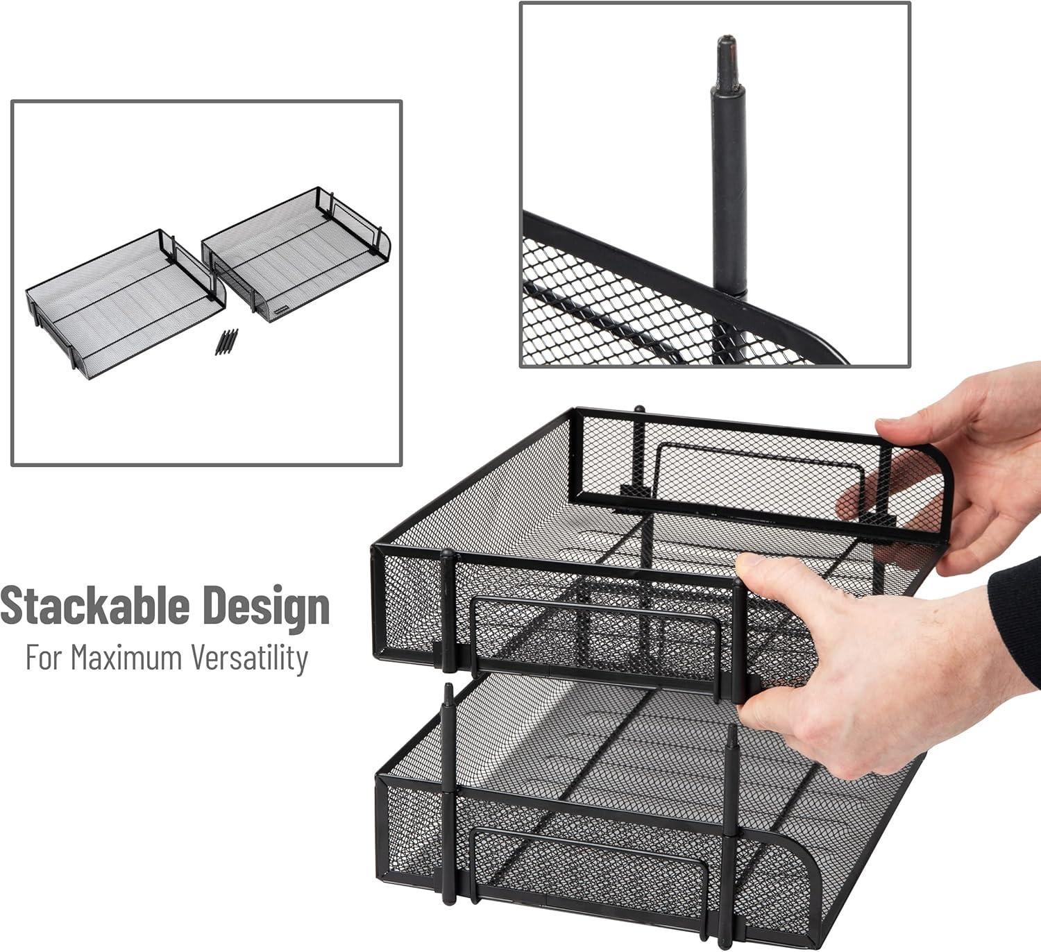 Stackable Paper Tray, Desktop Organizer, File Storage, Metal, 13.5"L x 10"W x 7.25"H, 2 Pcs