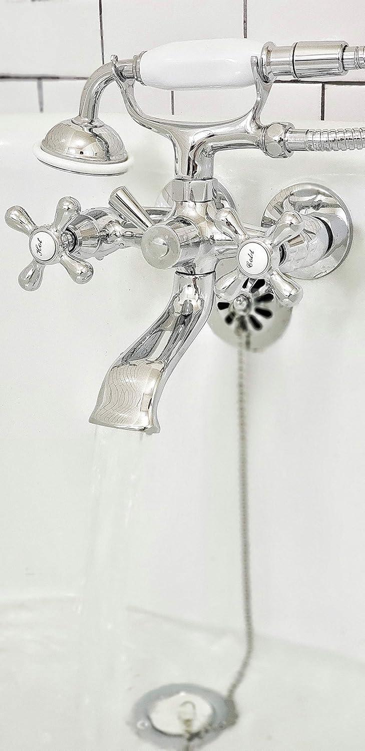 Kingston Brass Vintage Two-Handle 2-Hole Tub Wall Mount Clawfoot Tub Faucet Package with Supply Line, Hand Shower and Tub Drain