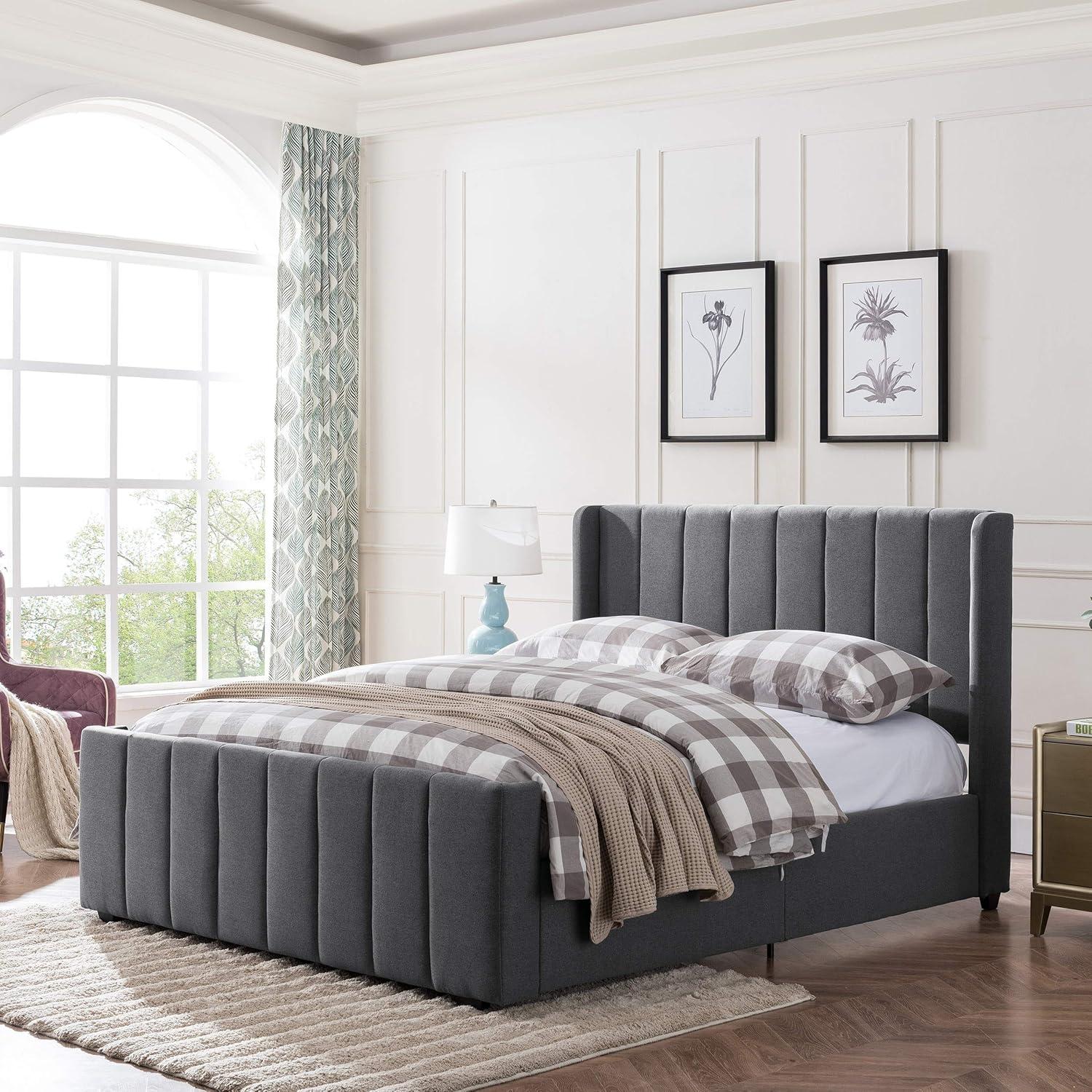 Charcoal Gray Upholstered Queen Bed Frame with Headboard