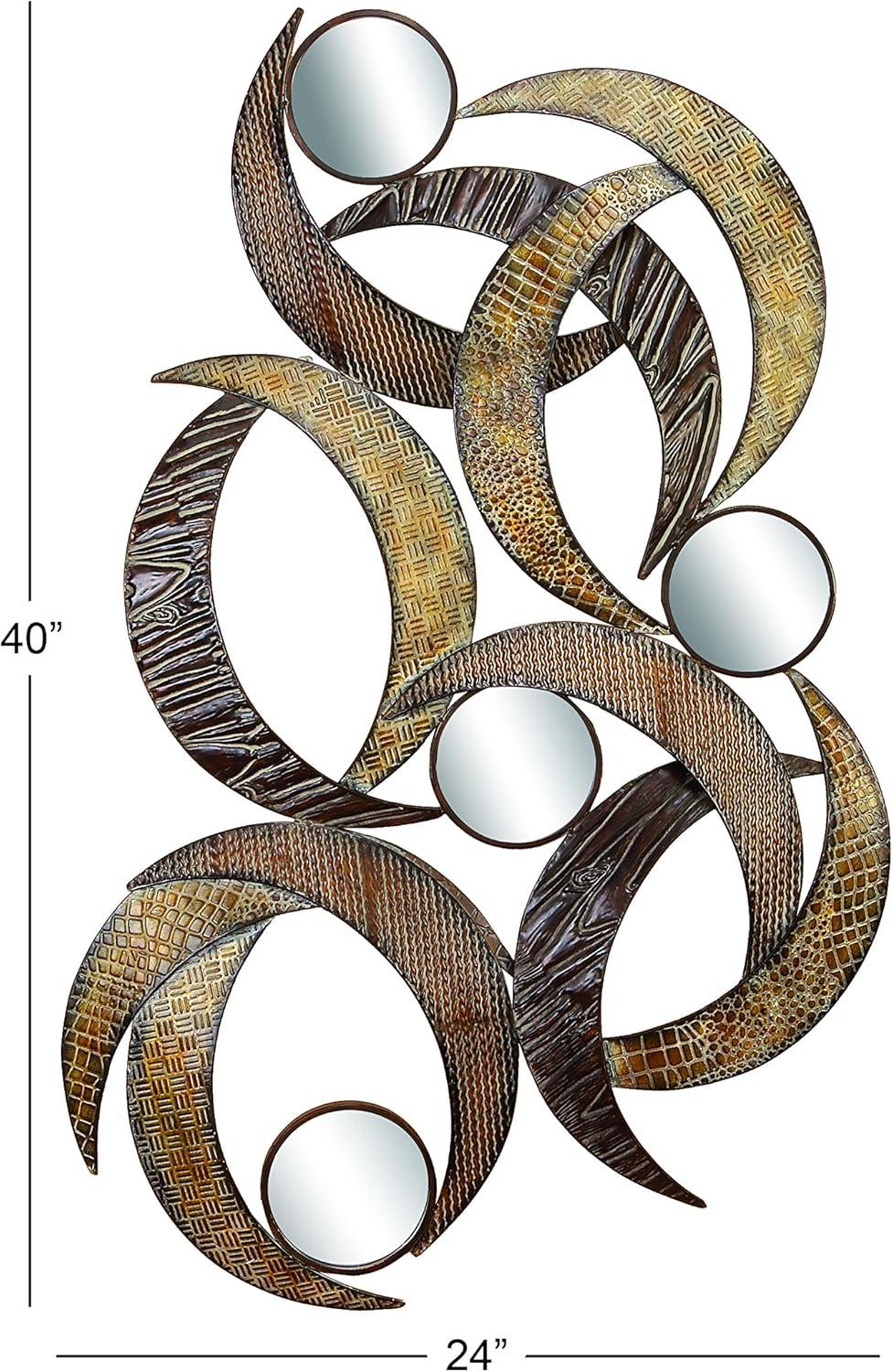 DecMode Contemporary Curved Metal Stips with Indigenous Patterns Wall Décor, 24"W x 40"H Features Gray, Brown, Maroon and Yellow Polished Finish