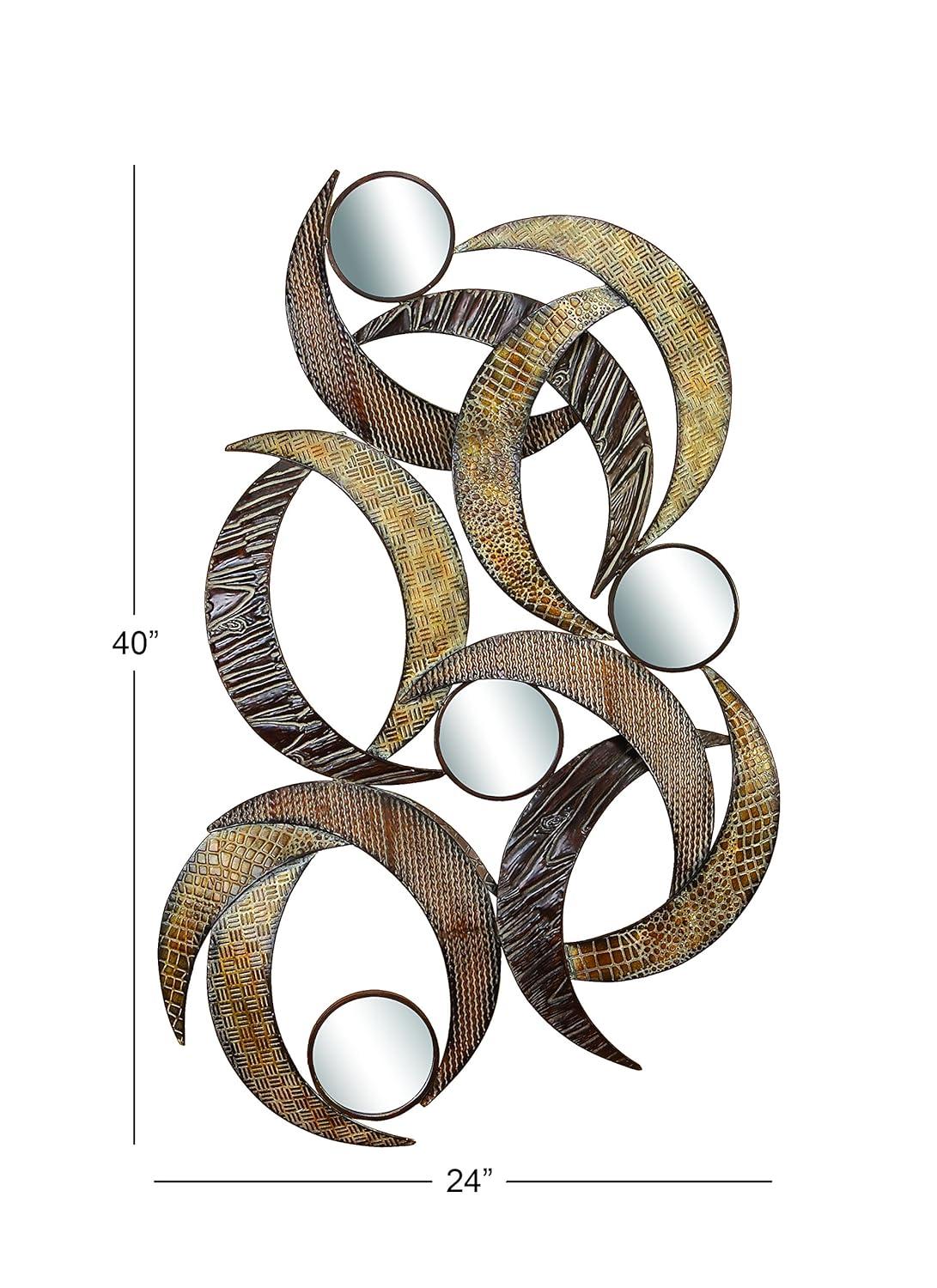 DecMode Contemporary Curved Metal Stips with Indigenous Patterns Wall Décor, 24"W x 40"H Features Gray, Brown, Maroon and Yellow Polished Finish