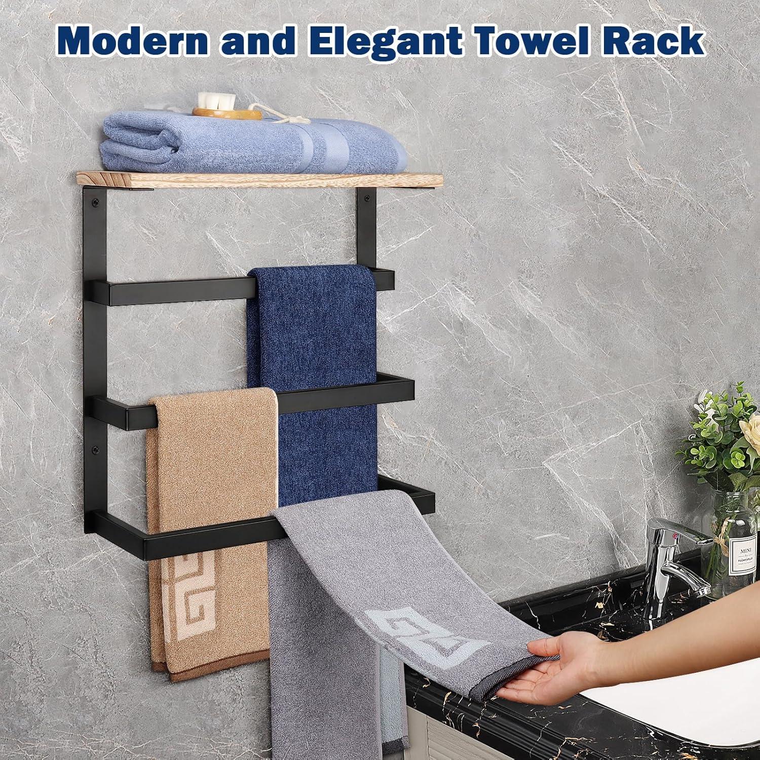 Matte Black Wall Mounted 3-Tier Towel Rack with Wood Shelf