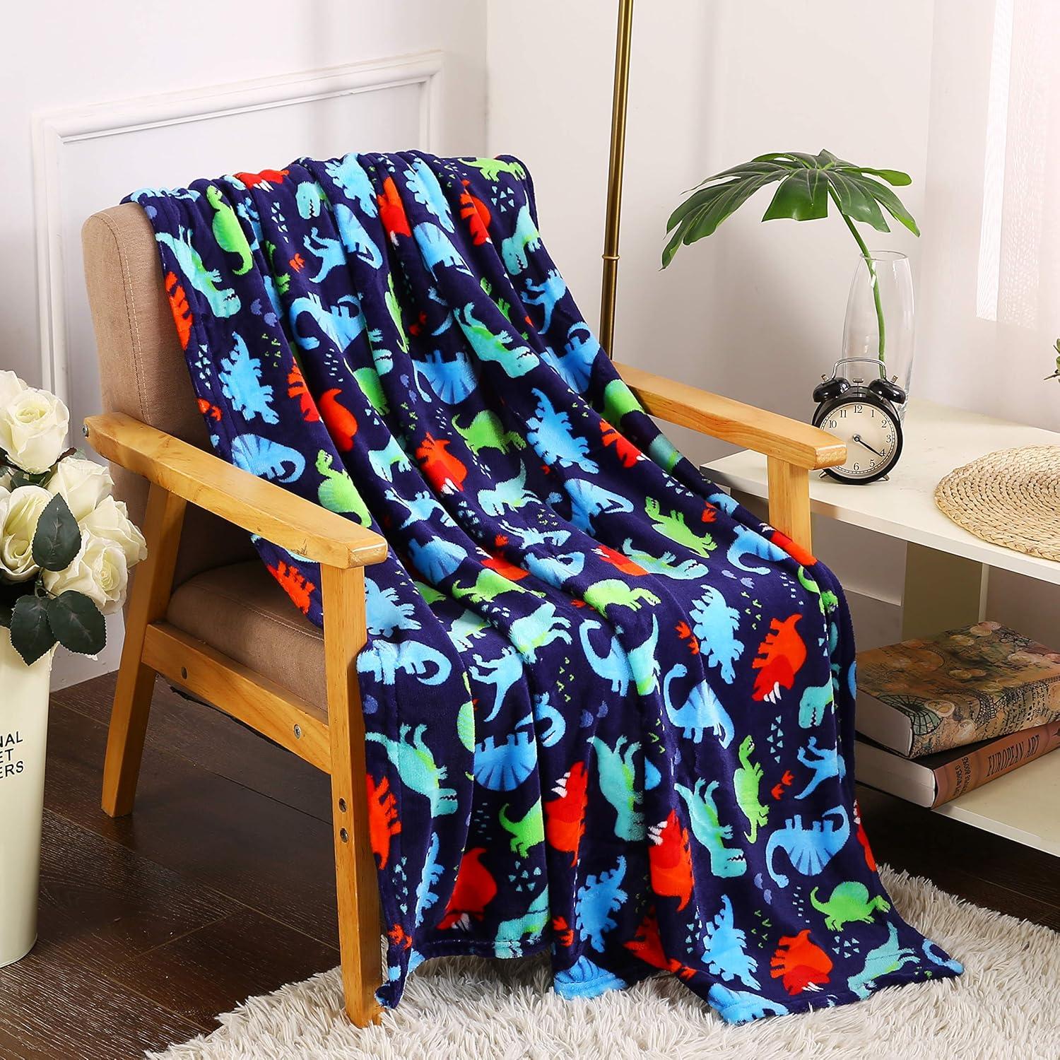 Dino Time Navy Blue Fleece Throw Blanket for Kids 50" x 60"