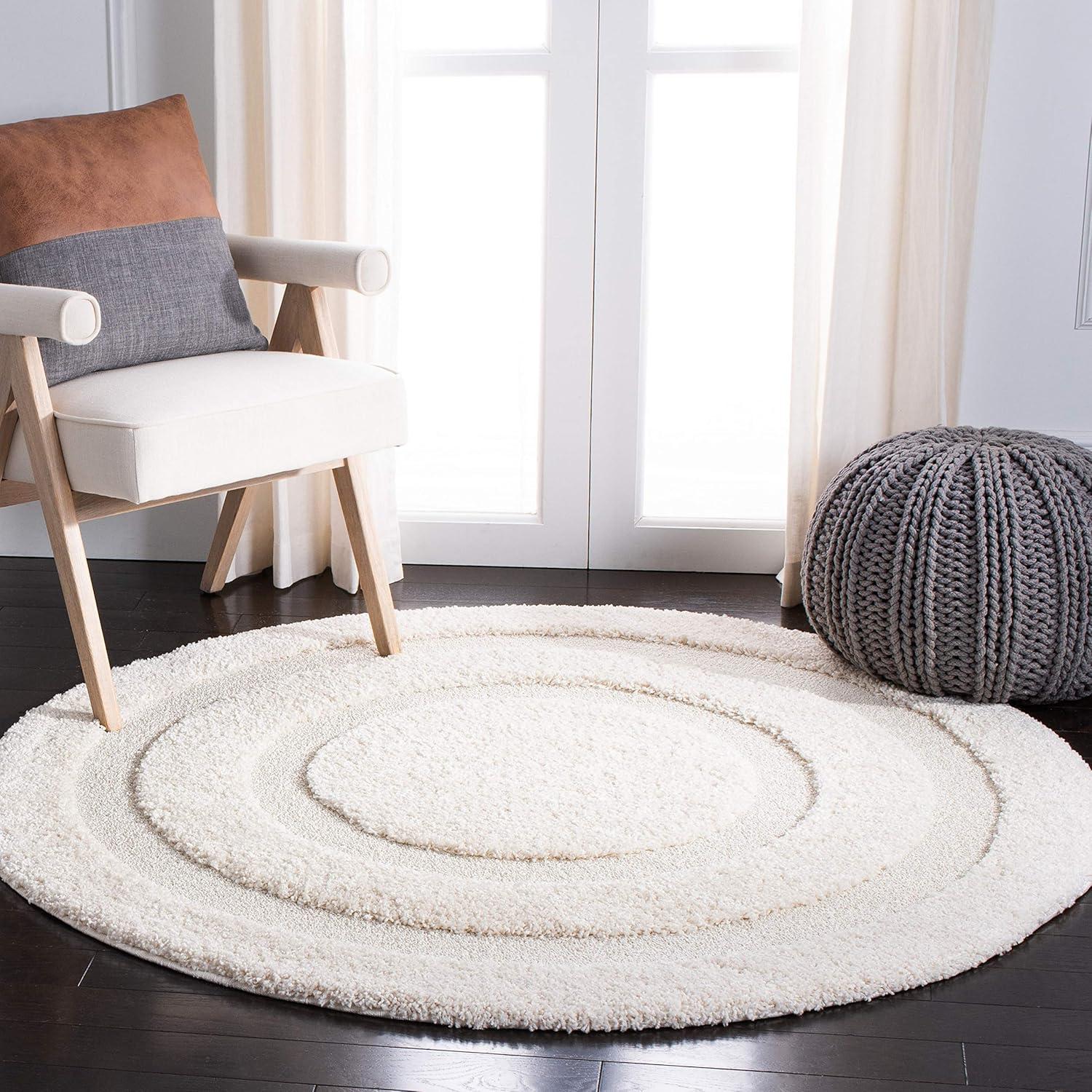 Cream Round Non-slip Shag Area Rug, 4' x 4'