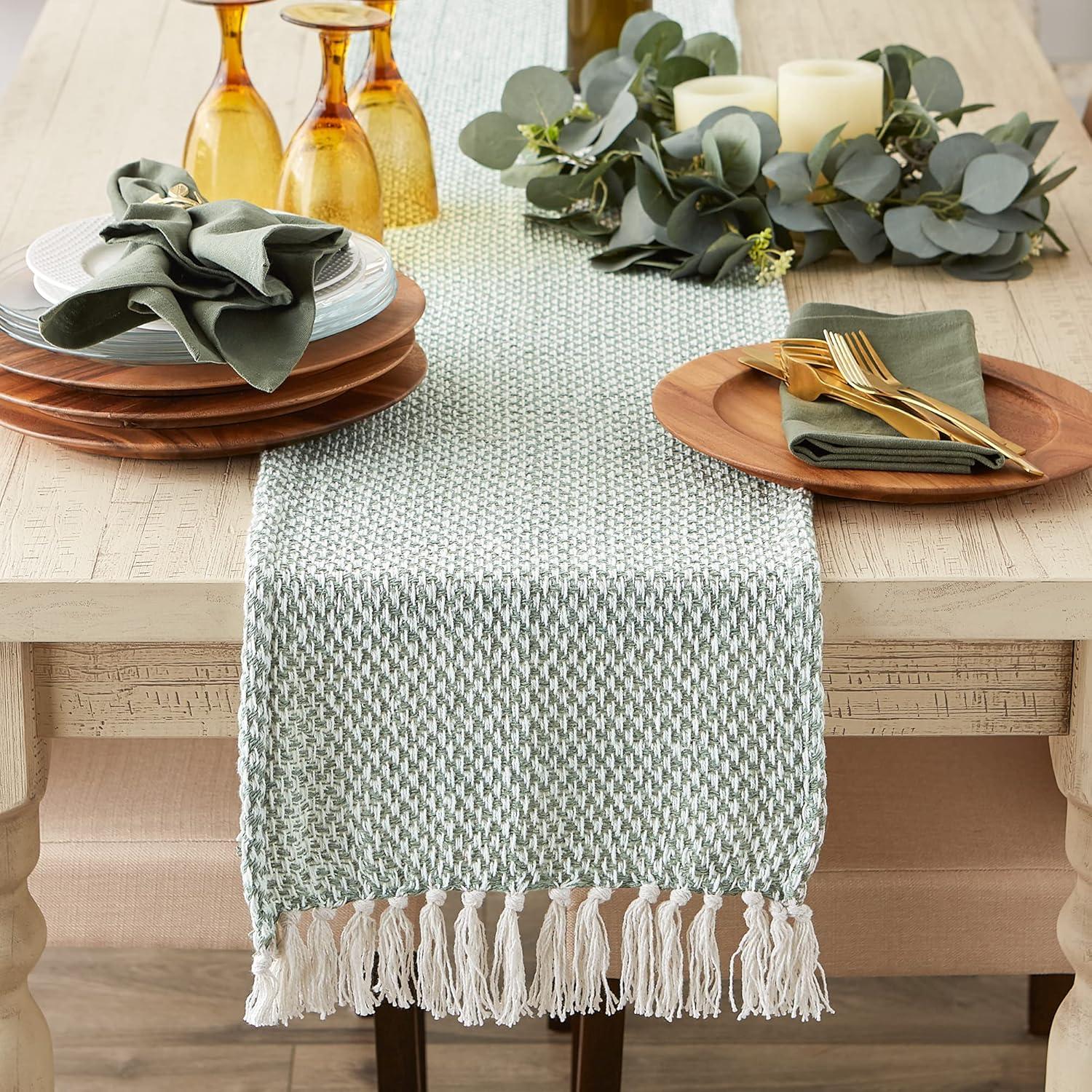 Jadeite Woven Cotton Knit Table Runner with Fringe, 15x72