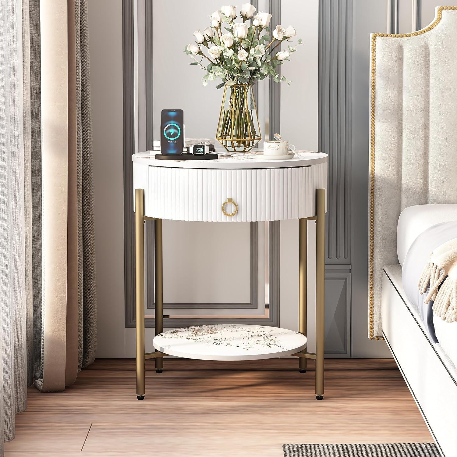 ASYA Gold End Table with Drawer, 2-Tier Nightstand Side Table with Natural Stone Top, Round Bedside Table Accent Table for Living Room Bedroom