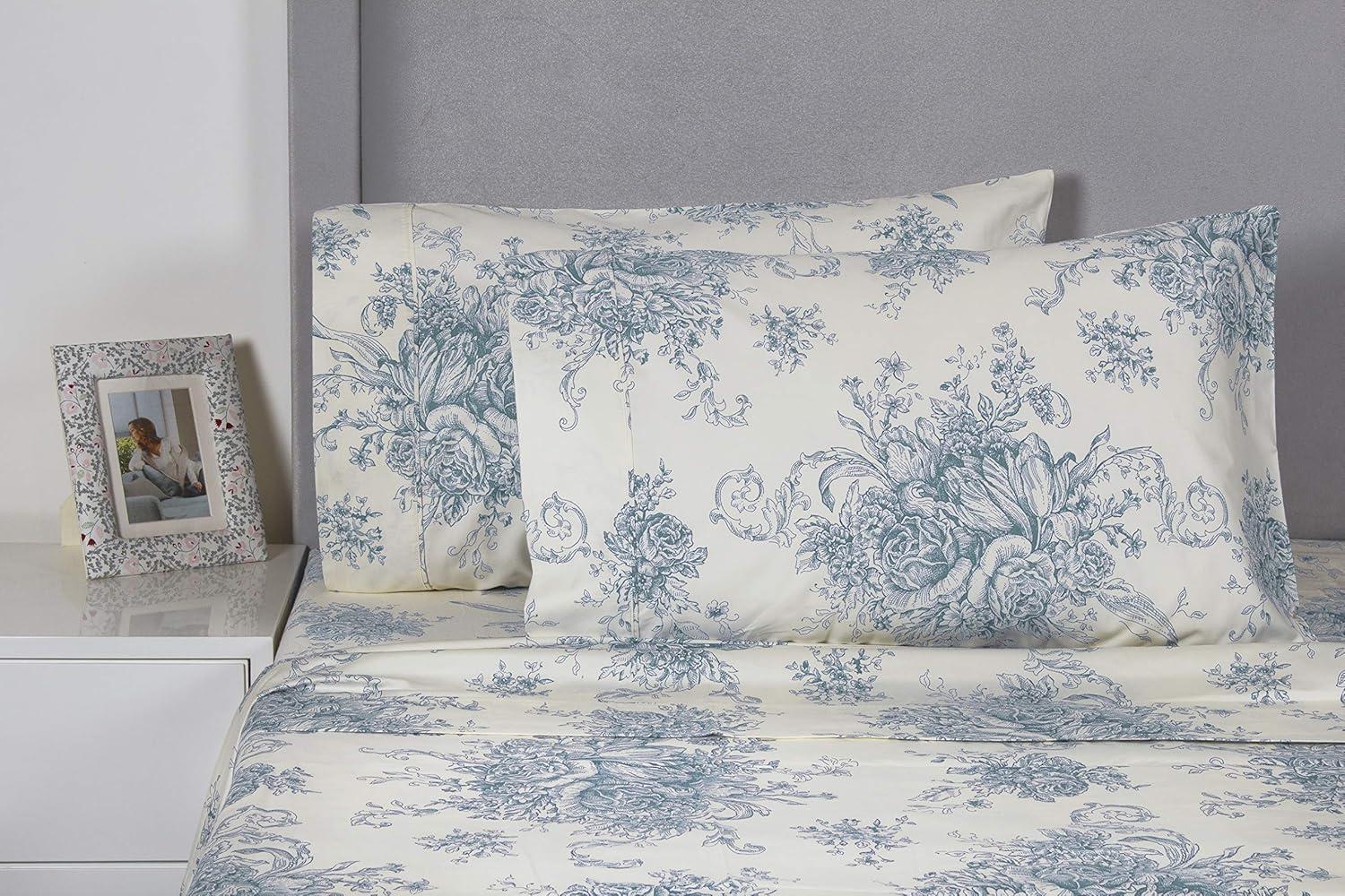 Light Blue Floral Cotton Twin Sheet Set