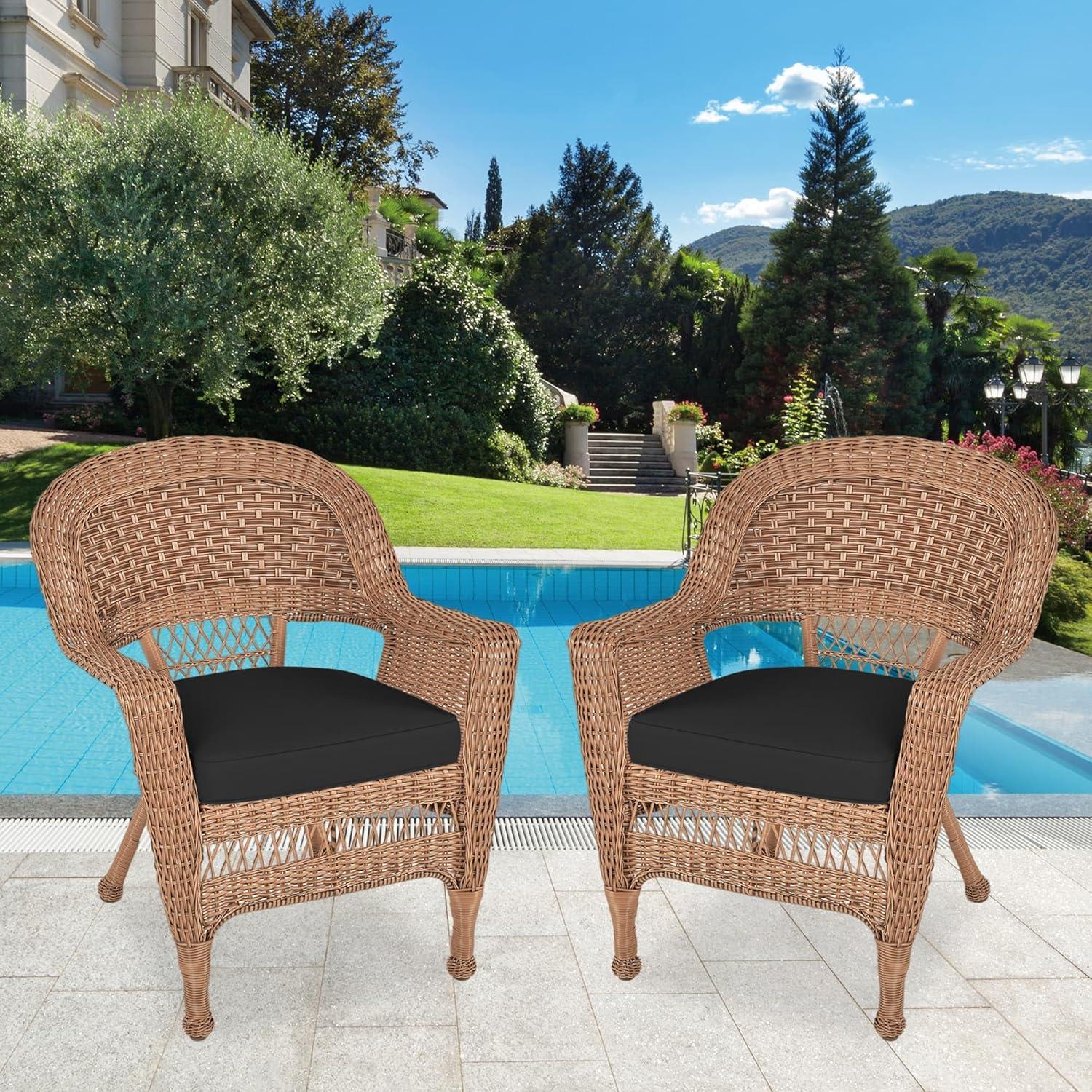 Jeco Wicker Chair in Espresso with Black Cushion (Set of 2)