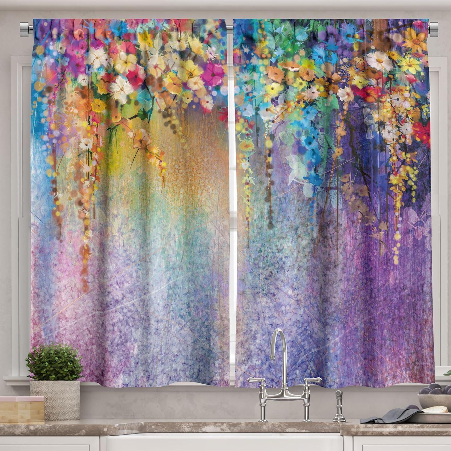 Vibrant Multicolor Floral Polyester Kitchen Window Curtains