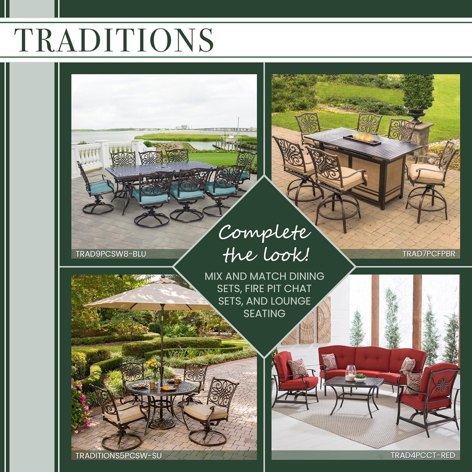 Hanover Traditions 5-Piece High-Dining Set in Tan with 4 Swivel Chairs and a 40,000 BTU Cast-top Fire Pit Table