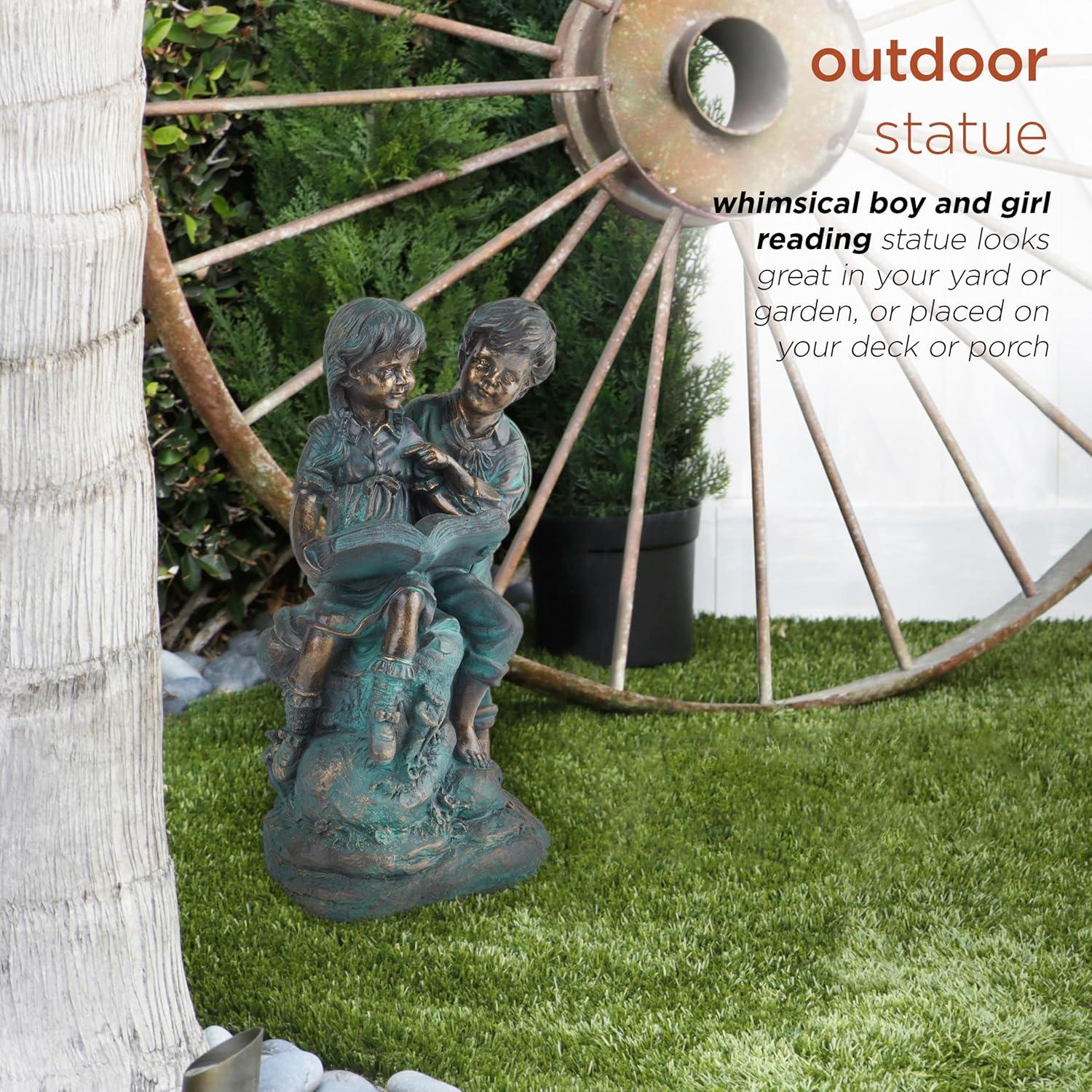 Antique Bronze Boy and Girl Reading Garden Statue