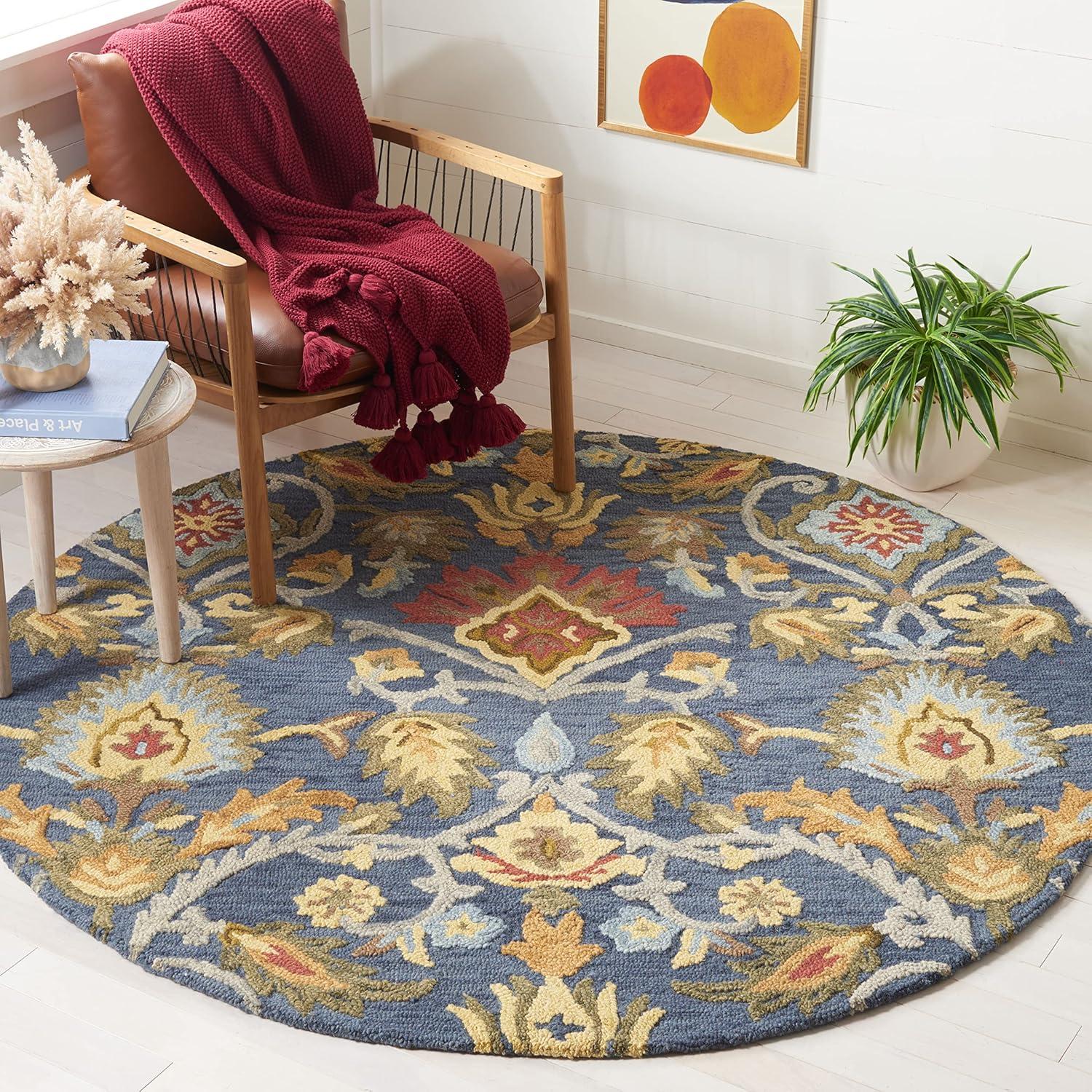 SAFAVIEH Blossom Lennon Floral Wool Area Rug, Navy/Multi, 9' x 9' Round