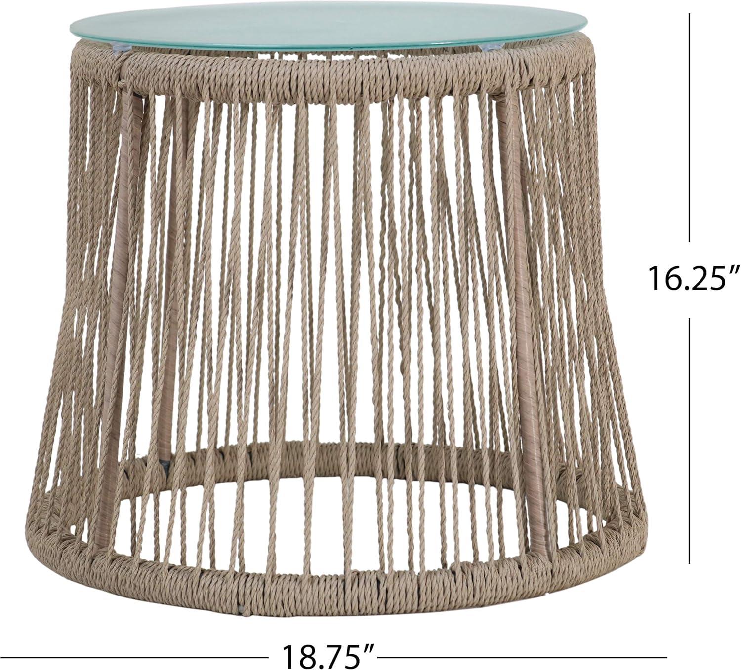 GDF Studio Kimberley Indoor Side Table, Steel and Rope, Tempered Glass, Boho, Brown