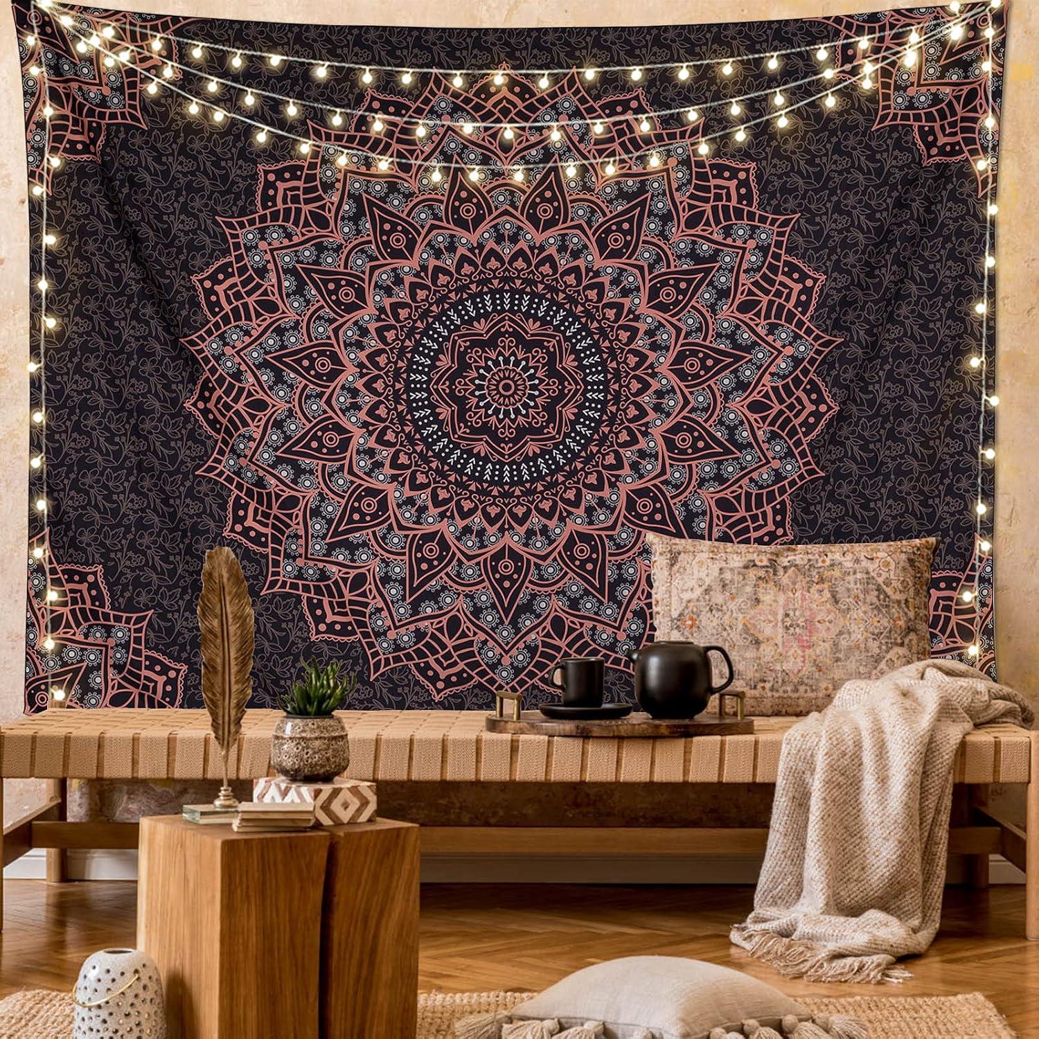 Black and Pink Mandala Polyester Bohemian Tapestry