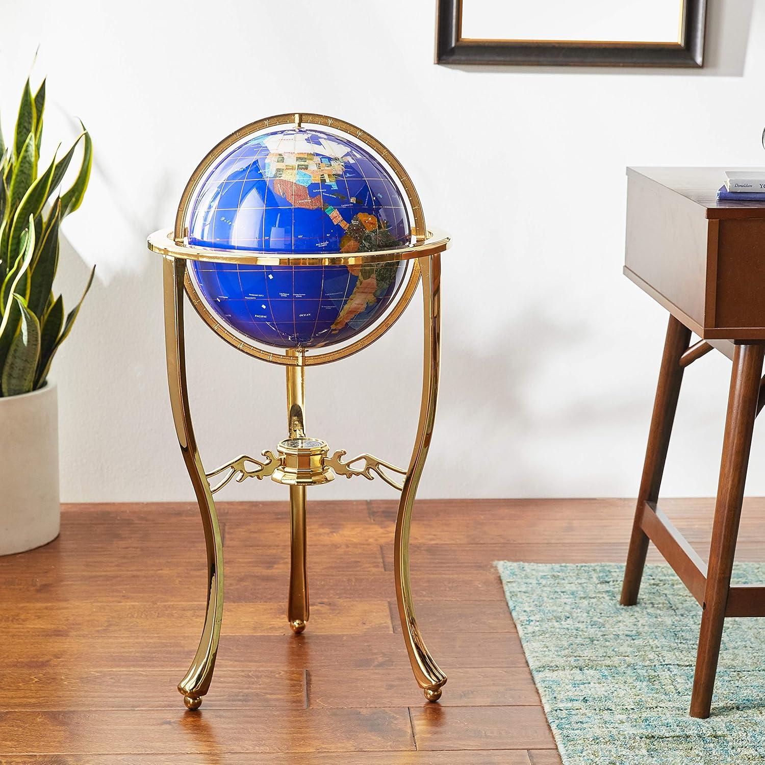 Blue Lapis Gemstone World Globe with Gold Tripod Stand