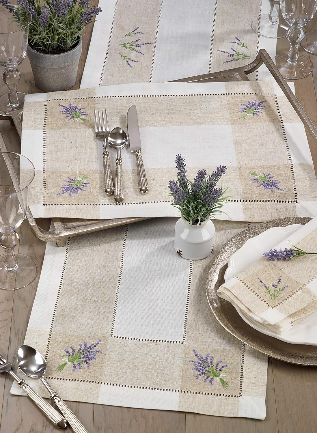 Saro Lifestyle Embroidered Lavender Hemstitch Placemat, 14"x19" Oblong, Ivory (Set of 4)