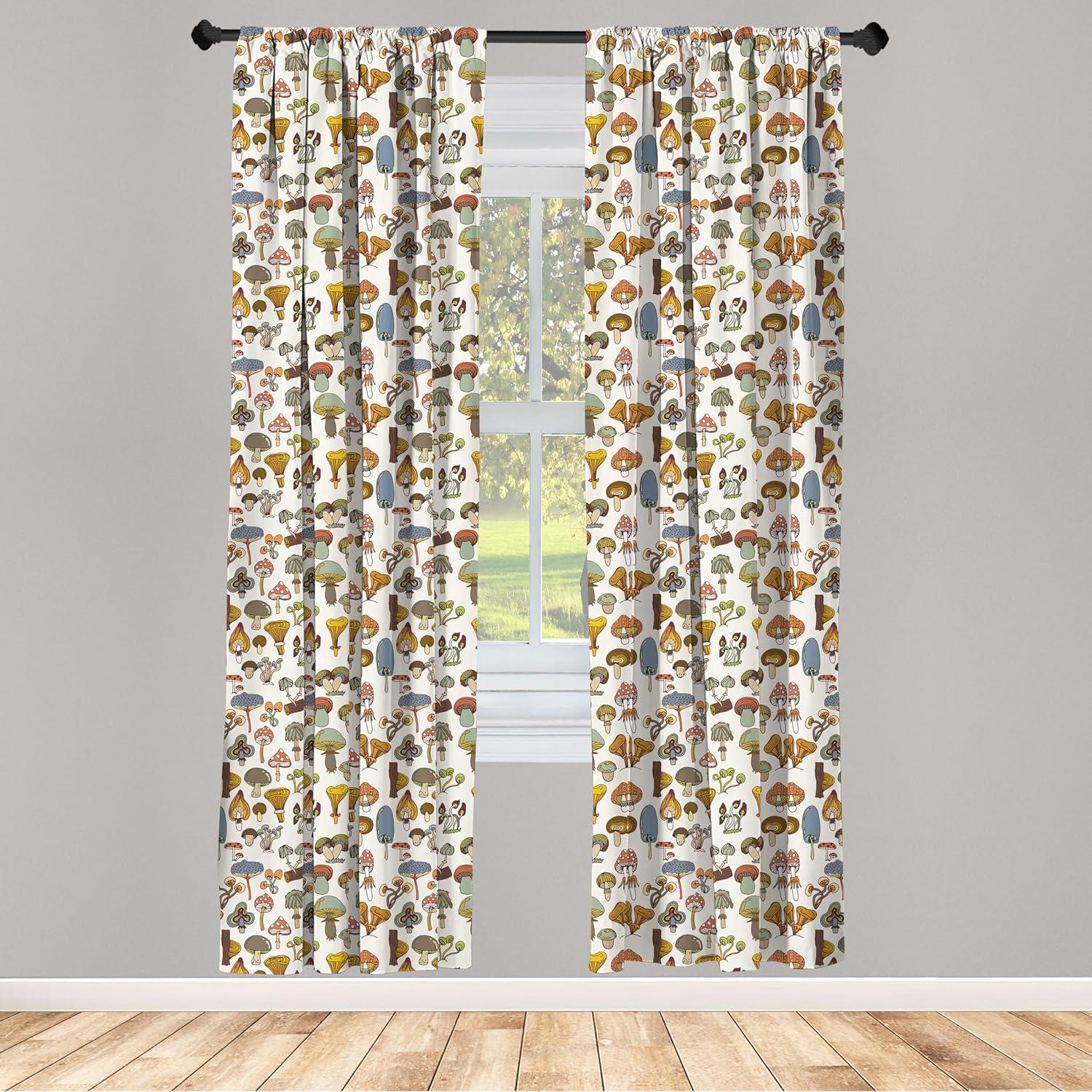 Ambesonne Colorful Curtains, Cartoon Mushroom Pattern, Pair of 28"x84", Multicolor